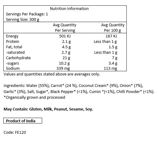 Water (55%), *Carrot (24%), *Coconut Cream (9%), *Onion (7%), *Garlic (3%), Salt, *Sugar, *Black Pepper, *Cumin, *Chilli Powder. *Organic