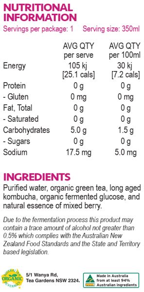 Purified water, organic green tea, long aged kombucha, organic fermented glucose, natural essence of mixed berry.