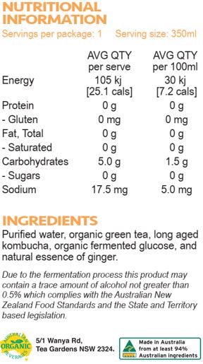 Purified water, organic green tea, long aged kombucha, organic fermented glucose, natural essence of ginger.