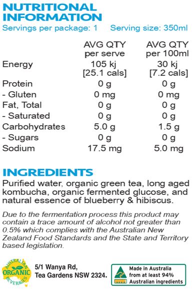 Purified water, organic green tea, long aged kombucha, organic fermented glucose, natural essence of blueberry & hibiscus.