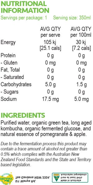 Purified water, organic green tea, long aged kombucha, organic fermented glucose, natural essence of pomegranate & apple.