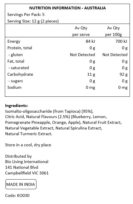 Tapioca *, Citric Acid, Natural Flavours (Blueberry, Lemon, Pomegranate Pineapple, Orange, Fuji Apple), Natural Colours (Purple Sweet Potato Extract, Curcumin, Red Pepper Extract, Rosemary Extract). 

