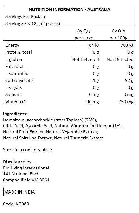 Isomalto-oligosaccharide (from Tapioca) (95%),
Citric Acid, Ascorbic Acid, Natural Watermelon Flavour (1%), Natural Fruit Extract, Natural Vegetable Extract, Natural Spirulina Extract, Natural Turmeric Extract.
