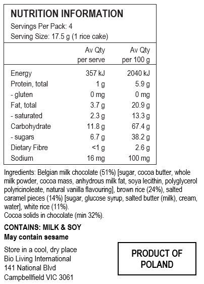 Belgian Milk Chocolate (51%) [Sugar, Cocoa Butter, Whole Milk Powder, Cocoa Mass, Anhydrous Milk Fat, Soya Lecithin, Polyglycerol Polyricinoleate, Natural Vanilla Flavouring], Brown Rice (24%), Salted Caramel Pieces (14%) [Sugar, Glucose Syrup, Salted Butter (Milk), Cream, Water], White Rice (11%). Cocoa solids in chocolate (min 32%).

CONTAINS: MILK & SOY
May contain sesame.
