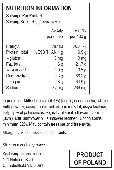 Milk chocolate (64%) [sugar, cocoa butter, whole milk powder, cocoa mass, anhydrous milk fat, soya lecithen, polyglycerol polyricinoleate), natural vanilla flavour], corn (35%), salt, sunflower oil, sunflower lecithen.  Cocoa solids minimum 32%.  May contain sesame and tree nuts.
Allergens: See ingredients list in bold.