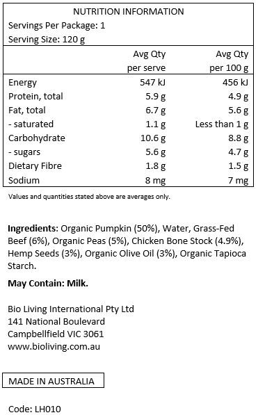 Organic Pumpkin (50%), Water, Grass-Fed Beef (6%), Organic Peas (5%), Chicken Bone Stock (4.9%), Hemp Seeds (3%), Organic Olive Oil (3%), Organic Tapioca Starch. 