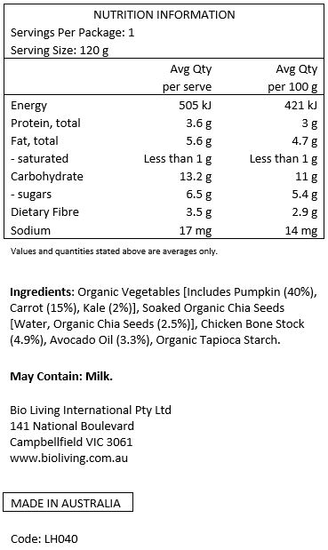 Organic Vegetables [Includes Pumpkin (40%), Carrot (15%), Kale (2%)], Soaked Organic Chia Seeds (Water, Organic Chia Seeds 2.5%), Chicken Bone Stock (4.9%), Avocado Oil (3.3%), Organic Tapioca Starch. 