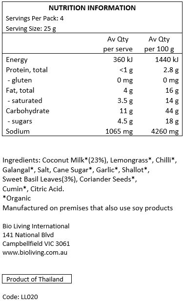 Coconut Milk* (23%), Chilli*, Lemongrass*, Salt, Cane Sugar*, Galangal*, Garlic *, Shallot*, Sweet Basil Leaves (3%), Coriander Seeds*, Cumin*, Citric Acid. *Organic Manufactured on premises that also use soy products.