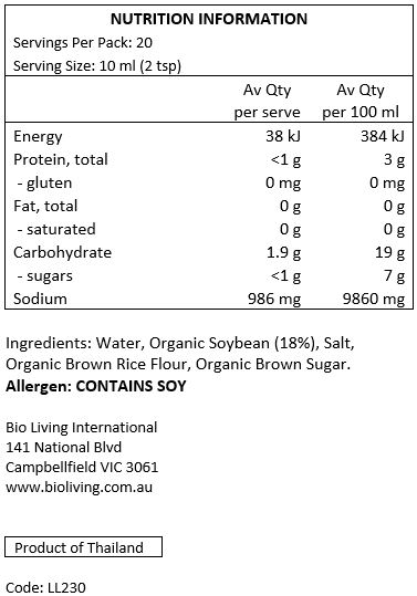 Water, Organic Soy Bean (18%), Salt, Organic Brown Rice Flour, Organic Brown
Sugar.
ALLERGEN: CONTAINS SOY