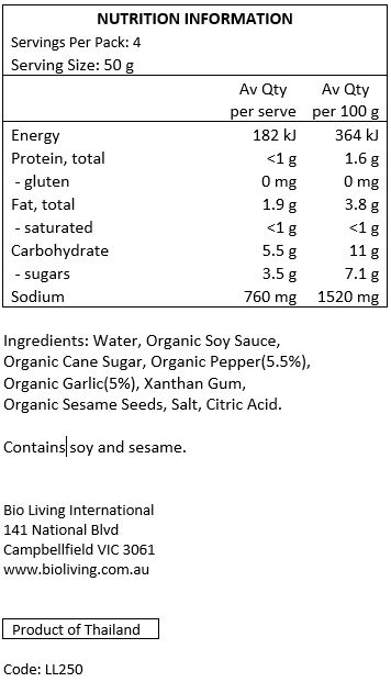 Water, Organic Soy Sauce, Organic Cane Sugar, Organic Pepper, Organic Garlic, Xanthan Gum, Organic Sesame, Salt, Citric Acid.