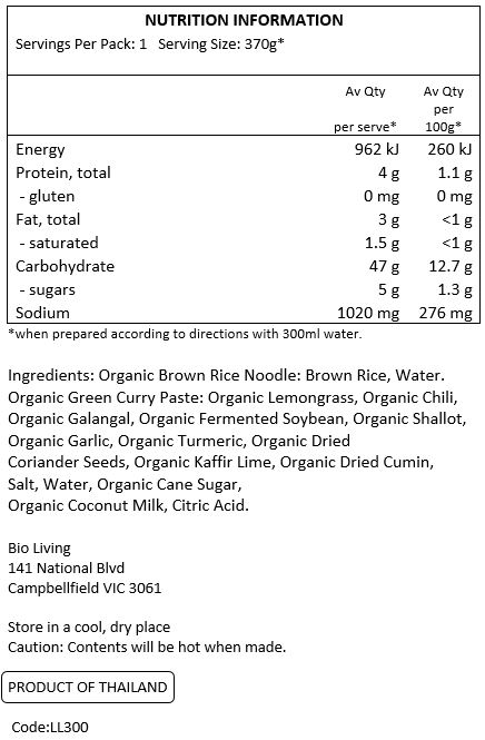 Organic Brown Rice Noodle: Brown Rice, Water.

Organic Green Curry Paste: Organic Lemongrass, Organic Chili, Organic Galangal, Organic
Fermented Soy Bean, Organic Shallot, Organic Garlic, Organic Turmeric, Organic Dried Coriander
Seeds, Organic Kaffir Lime, Organic Dried Cumin, Salt, Water, Organic Cane Sugar, Organic
Coconut Milk, Citric Acid.