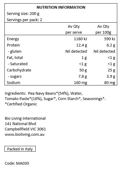 Organic Pea Navy Beans (54%), water, organic tomato paste (16%), organic sugar, organic corn starch, organic seasoning