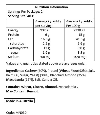 Cashews, Pretzels (Wheat Flour, Salt, Palm Oil*, Sugar, Yeast), Blanched Almonds, Macadamias, Salt, Canola Oil. *RSPO Certified