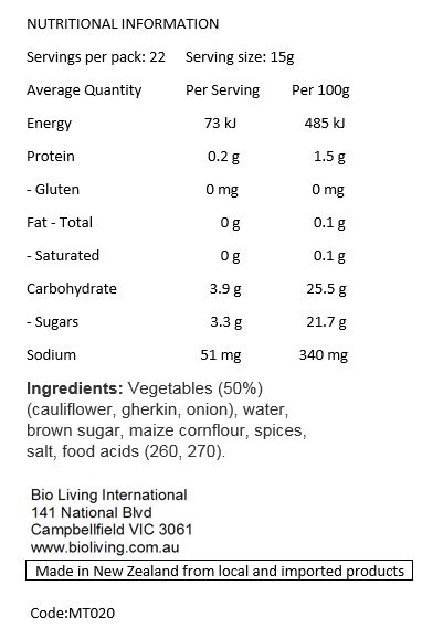 Vegetables (50%) (Cauliflower, Gherkin, Onion), Water, Brown Sugar, Maize Cornflour, Spices, Salt, Food Acids (260, 270).