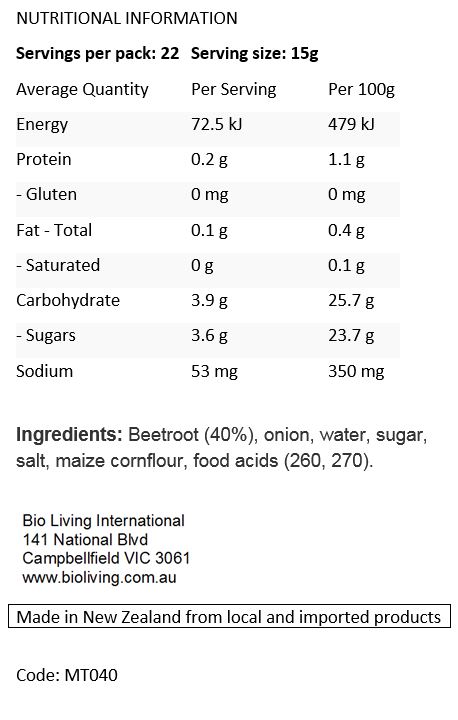 Beetroot (40%), Onion, Water, Sugar, Salt, Maize Cornflour, Food Acids (260, 270).