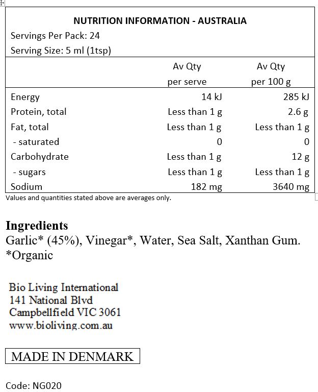 Garlic* (45%), vinegar*, water, sea salt, xanthan gum. *Organic