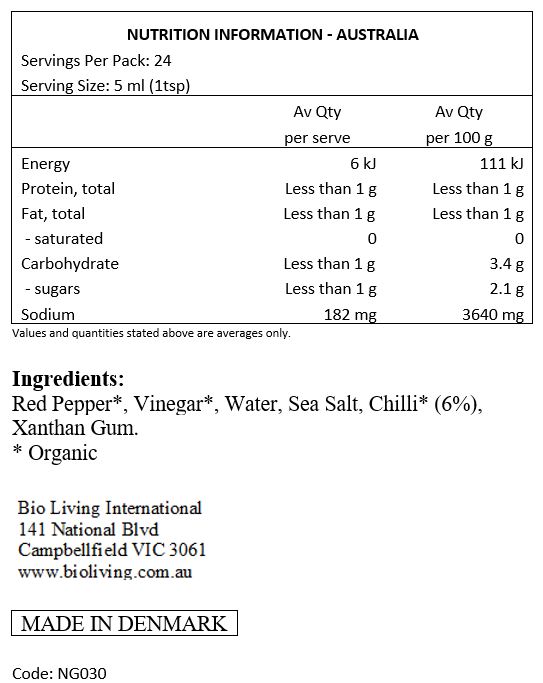 Red pepper*, vinegar*, water, sea salt, chilli* (6%), xanthan gum. * Organic