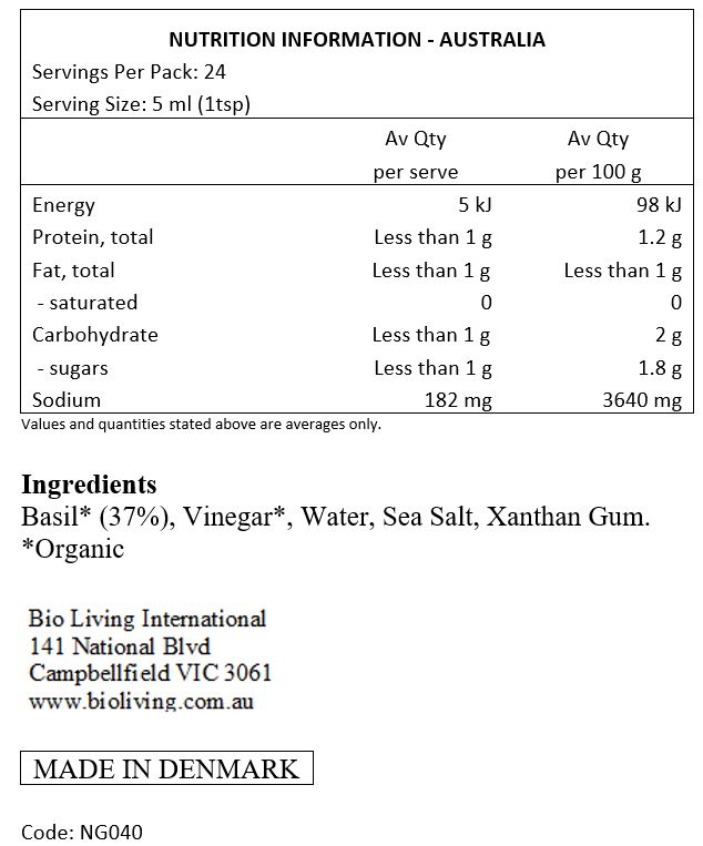 Basil* (37%), vinegar*, water, sea salt, xanthan gum. *Organic