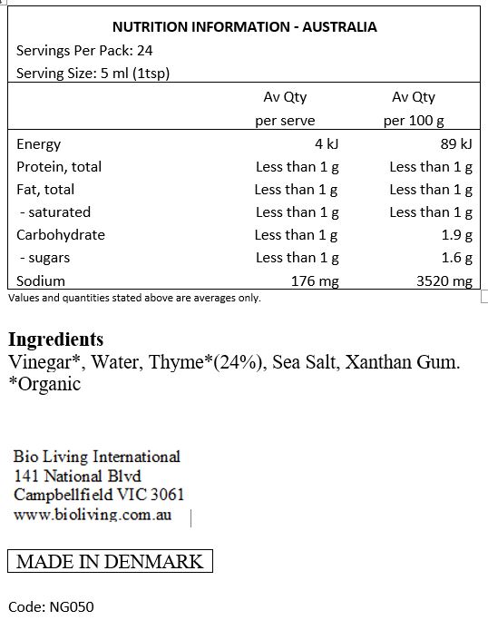 Vinegar*, water, thyme*(24%), sea salt, xanthan gum.*Organic