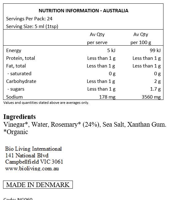 Vinegar*, water, rosemary* (24%), sea salt, xanthan gum. *Organic