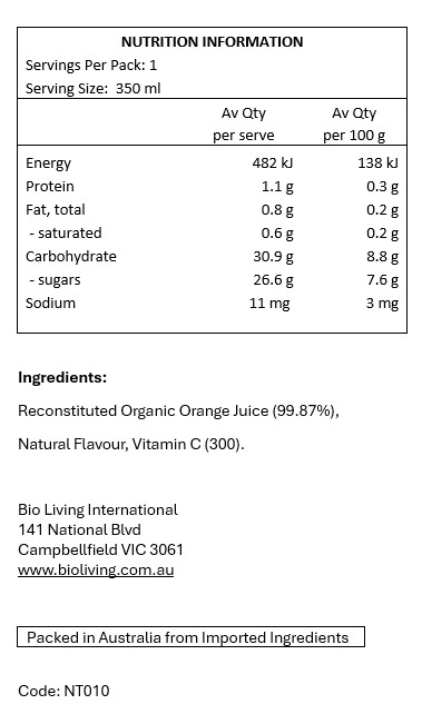 Reconstituted Organic Orange Juice (99.87%), Vitamin C.