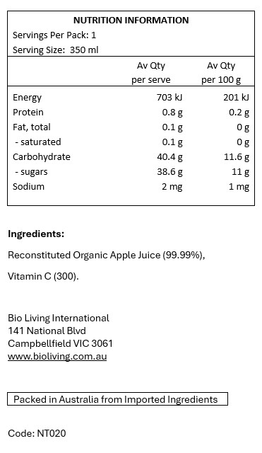 Reconstituted Organic Apple Juice (99.99%), Vitamin C.