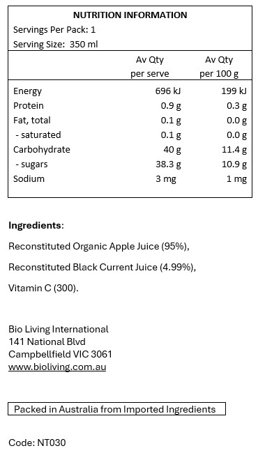 Reconstituted Organic Apple Juice (95%), Reconstituted Black Current Juice (4.99%) Ascorbic Acid.