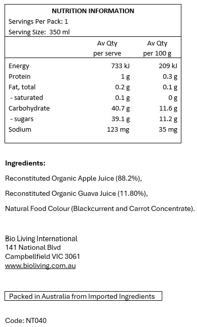 Reconstituted Organic Apple Juice (88.2%), Reconstituted Organic Guava Juice (11.80%), Natural Colour (Blackcurrent and Carrot).