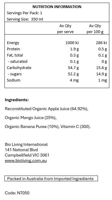 Reconstituted Organic Apple Juice (64.92%), Organic Mango
Juice (25%), Organic Banana Puree (10%), Vitamin C.