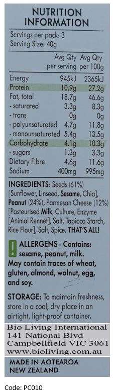Seeds (61%) (Sunflower, Linseed, Sesame, Chia) Peanut (24%), Parmesan Cheese (12%) (Pasteurised Milk, Culture, Enzyme [Rennet], Salt, Tapioca Starch, Rice Flour), Salt, Spice.

