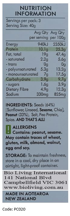 Seeds (64%) (Sunflower, Linseed, Sesame, Chia), Peanut (33%), Salt, Pea Protein, Spice.
