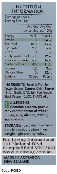 Seeds (62%) (Sunflower, Linseed, Sesame, Chia), Peanut (31%), Garlic (3%), Salt, Pea Protein, Black Pepper (0.5%).