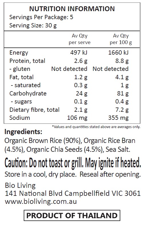 Organic Brown Rice (90%), Organic Rice Bran (4.5%), Organic Chia Seeds (4.5%), Sea Salt.