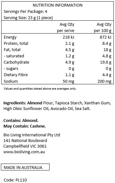 Almond flour, tapioca starch, xanthan gum, sea salt, rosemary extract, high oleic sunflower oil, avocado oil.