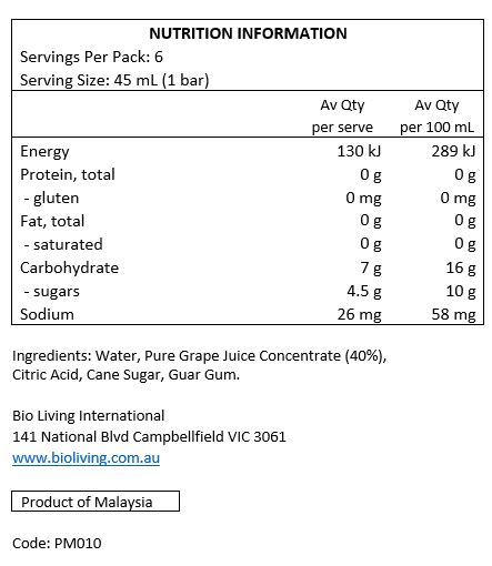 Water, Pure Grape Juice Concentrate (40%), Citric Acid, Sugar, Guar Gum. 