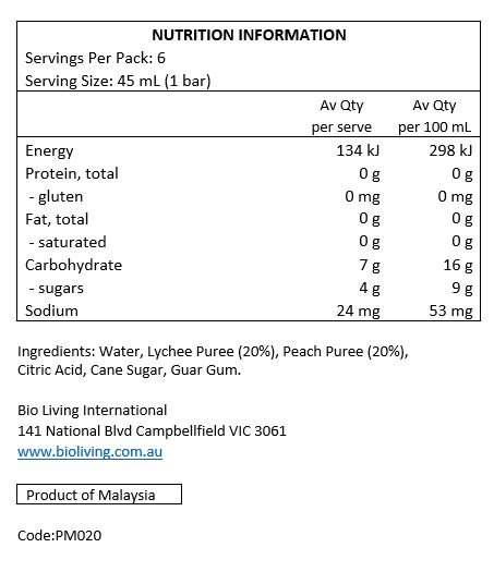 Water, Lychee Puree (20%), Peach Puree (20%), Citric Acid, Guar Gum, Sugar. 