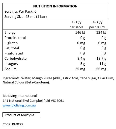 Water, Mango Puree (40%), Citric Acid, Sugar, Guar Gum, Natural Colour (Beta-Carotene).