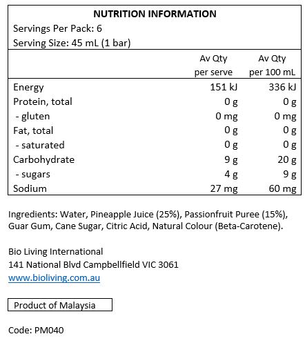 Water, Pineapple Juice (25%), Passionfruit Puree (15%), Guar Gum, Sugar, Citric Acid, Natural Colour (Beta-Carotene). 