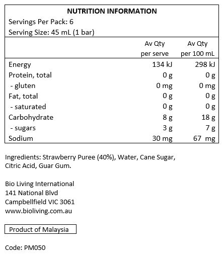 Water, Strawberry Puree (40%), Citric Acid, Guar Gum, Sugar. 