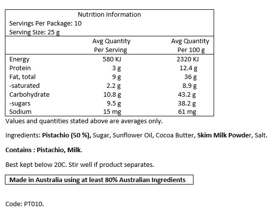 Pistachio (50%), Sugar, Sunflower Oil, Skim Milk Powder, Cocoa Butter, Salt.

CONTAINS: Pistachio, Milk. 
MAY CONTAIN: Hazelnut, Macadamia, Almond, Sesame. 
