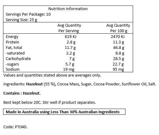 Hazelnut (50%), Sugar, Cocoa Mass (15%), Sunflower Oil, Cocoa Powder, Salt.

CONTAINS: Hazelnut.
MAY CONTAIN: Pistachio, Macadamia, Almond, Sesame.