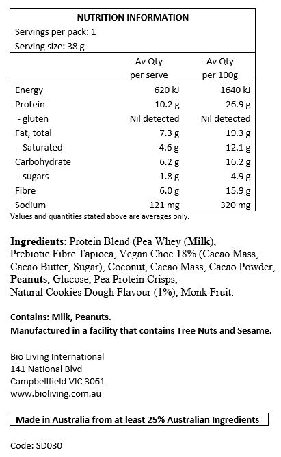 Protein Blend (Pea, Whey), Prebiotic Fibre Tapioca, Vegan Choc (Cacao Mass, Cacao Butter, Sugar), Coconut, Cacao Mass, Cacao Powder, Peanuts, Pea Protein Crisps, Glucose, Natural Cookie Dough Flavour (1%), Monk Fruit. 

CONTAINS: Milk, Peanuts. 
Made in a facility that also manufactures: Tree Nuts, Sesame.
