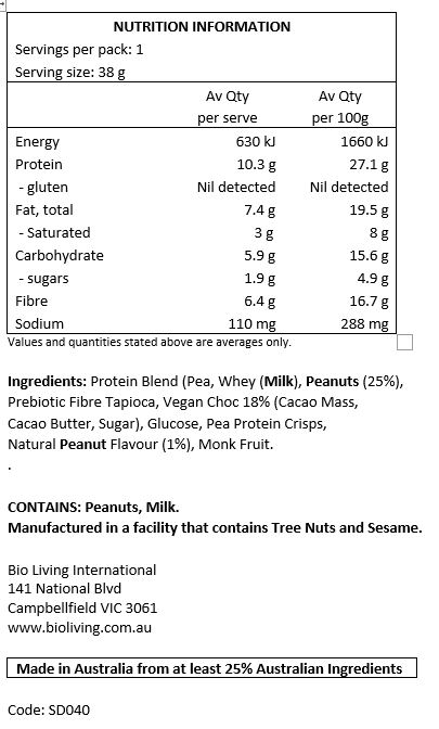 Protein Blend (Pea, Whey), Peanuts (25%), Prebiotic Fibre Tapioca, Vegan Choc (Cacao Mass, Cacao Butter, Sugar), Pea Protein Crisps, Glucose, Natural Peanut Flavour (1%), Monk Fruit. 

CONTAINS: Peanuts, Milk.
Manufactured in a facility that contains Tree Nuts and Sesame.
