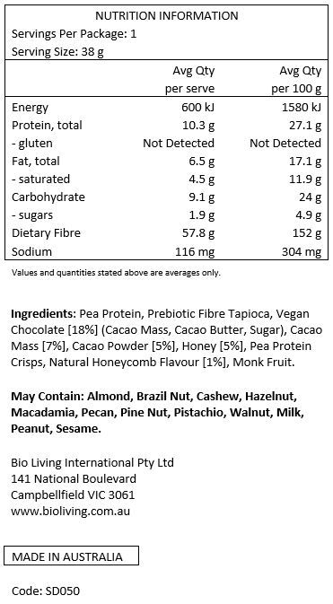 Pea Protein, Prebiotic Fibre Tapioca, Vegan Chocolate 18% (Cacao Mass, Cacao Butter, Sugar), Cacao Mass 7%, Cacao Powder 5%, Honey 5%, Pea Protein Crisps, Natural Honeycomb Flavour 1%, Monk Fruit. 

Manufactured in a facility that produces Peanuts, Tree Nuts, Seasame and Milk.