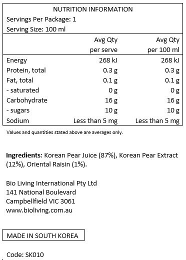 Korean Pear (86%), Korean Pear Extract (13%), Hovenia Dulcis (1%).