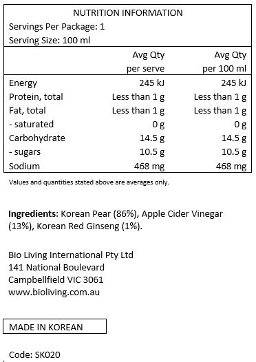 Korean Pear (86%), Korean Apple Cider Vinegar (13%), Korean Ginseng (1%).