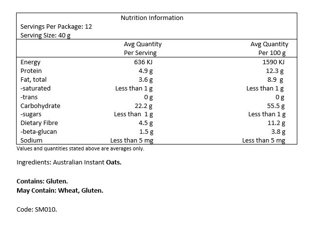 100% Australian Oats.
CONTAINS: Gluten.