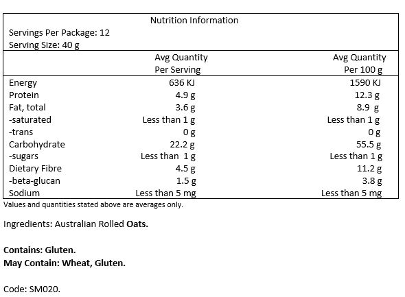 100% Australian Oats.
CONTAINS: Gluten.
