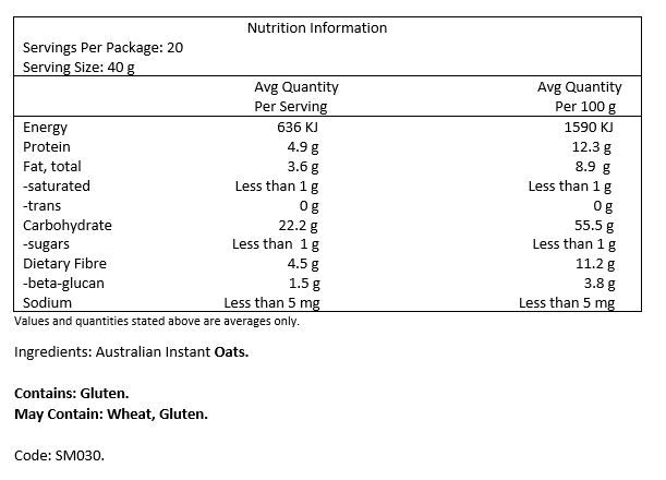 100% Australian Oats.
CONTAINS: Gluten.