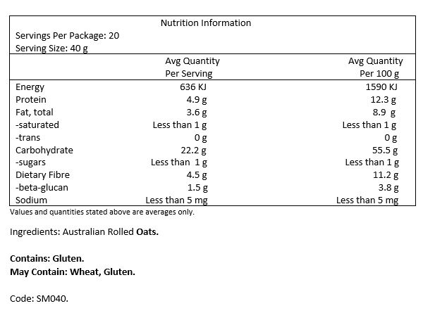 100% Australian Oats.
CONTAINS: Gluten.